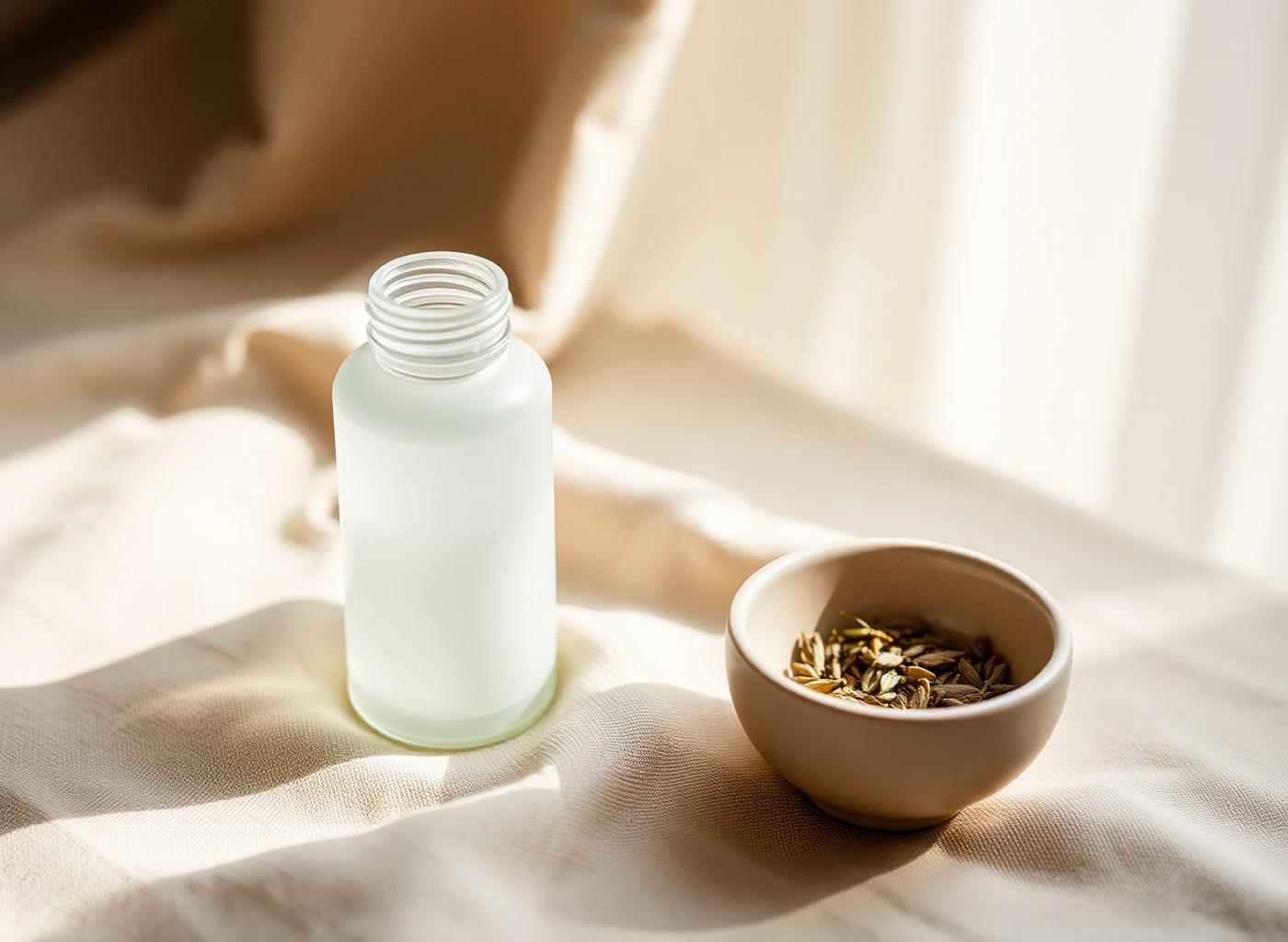 A frosted glass apothecary bottle resting on warm linen